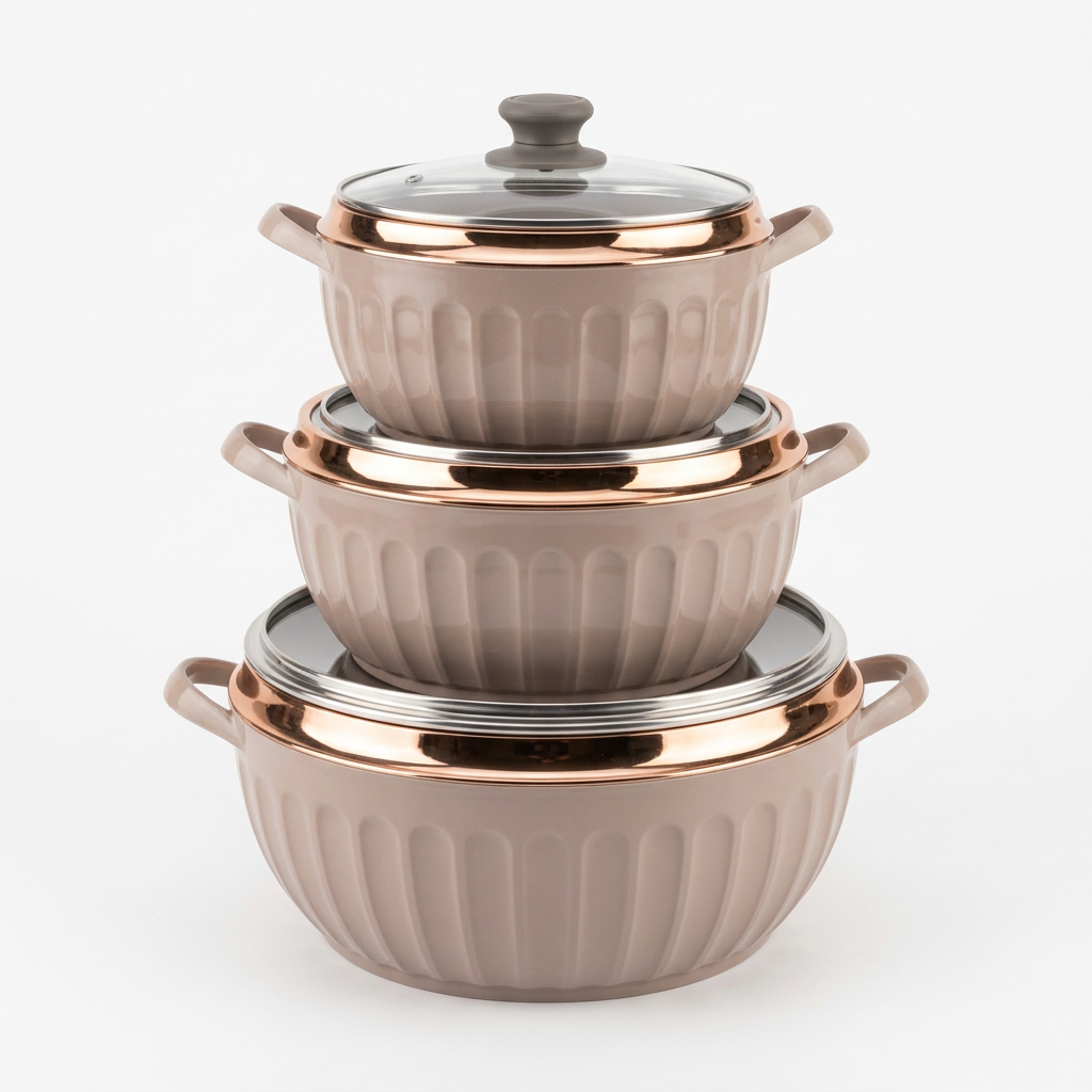 Pots de service taupe cannelés à bordures or rose