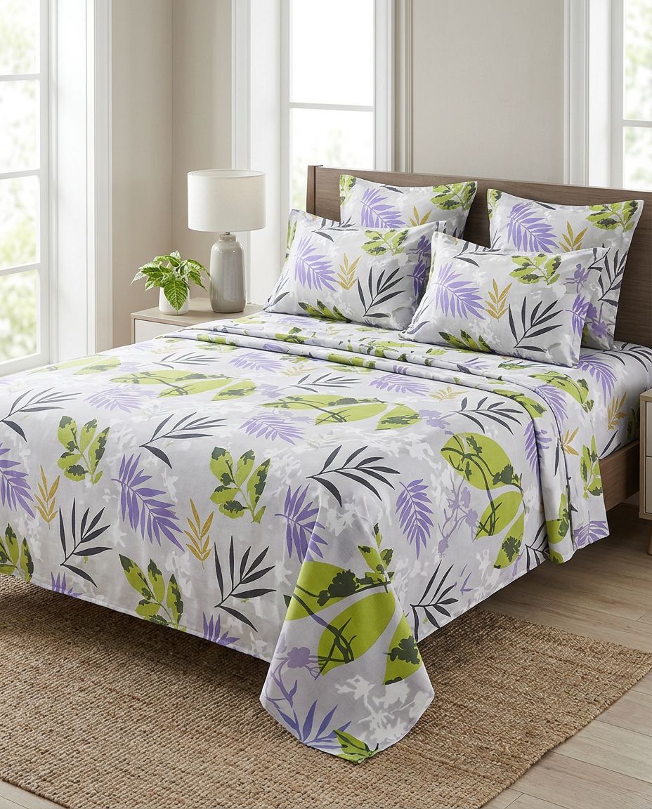 Parure PRADIER HOME à feuillage vert et lilas — 4 pièces