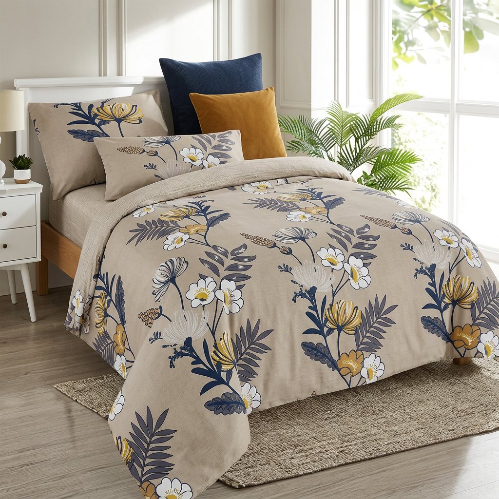 Parure PRADIER HOME beige à fleurs marine et jaunes — 4 pièces