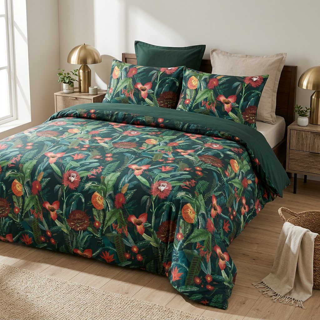 Parure PRADIER HOME vert foncé à jardin fleuri — 4 pièces