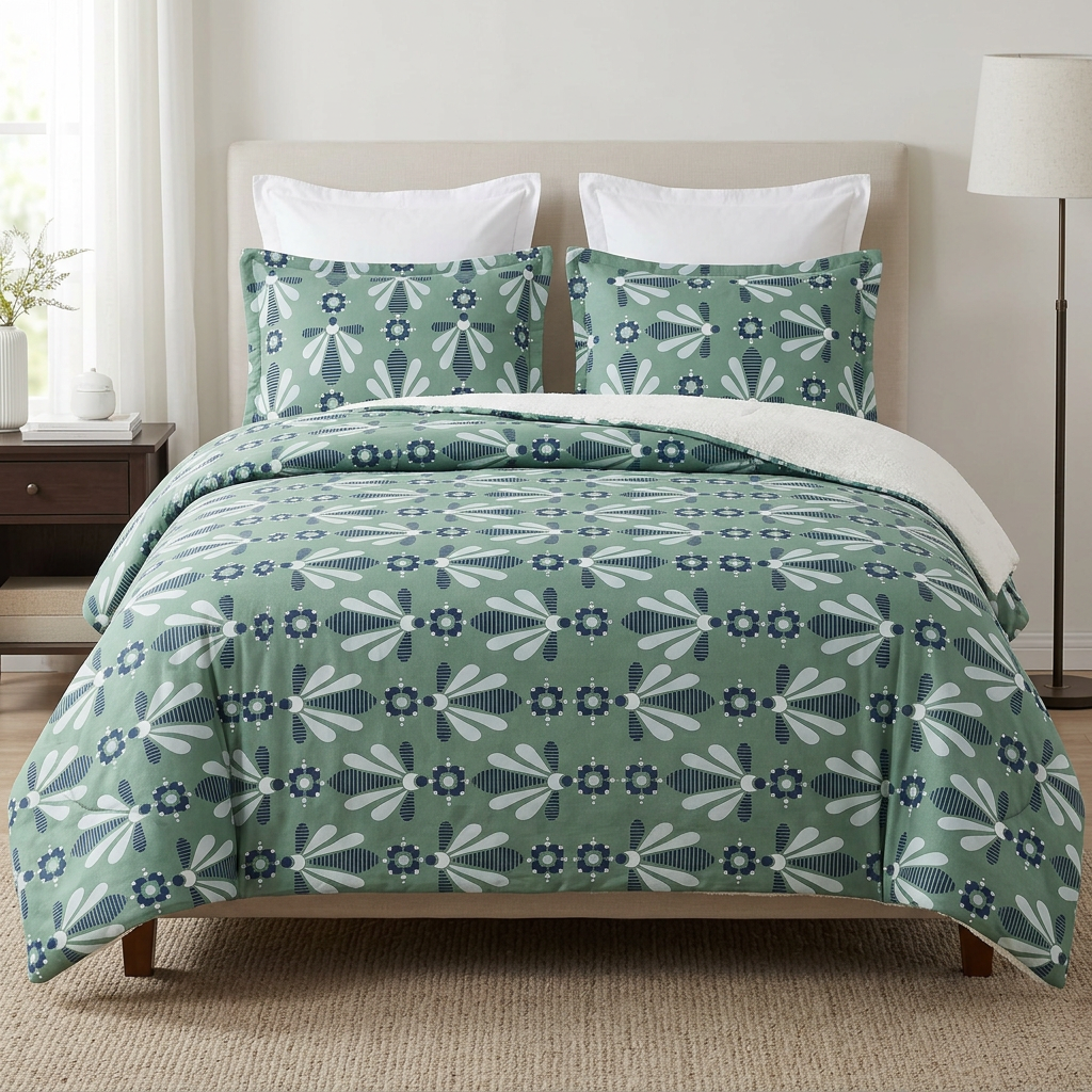 Ensemble PRESTIGE HOME Sherpa vert à fleurs